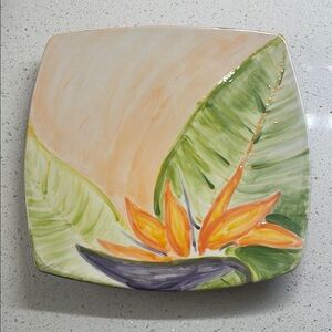 Hawaiian tropical Bird of Paradise Ceramic Art Plate hand painted. Size 11x11